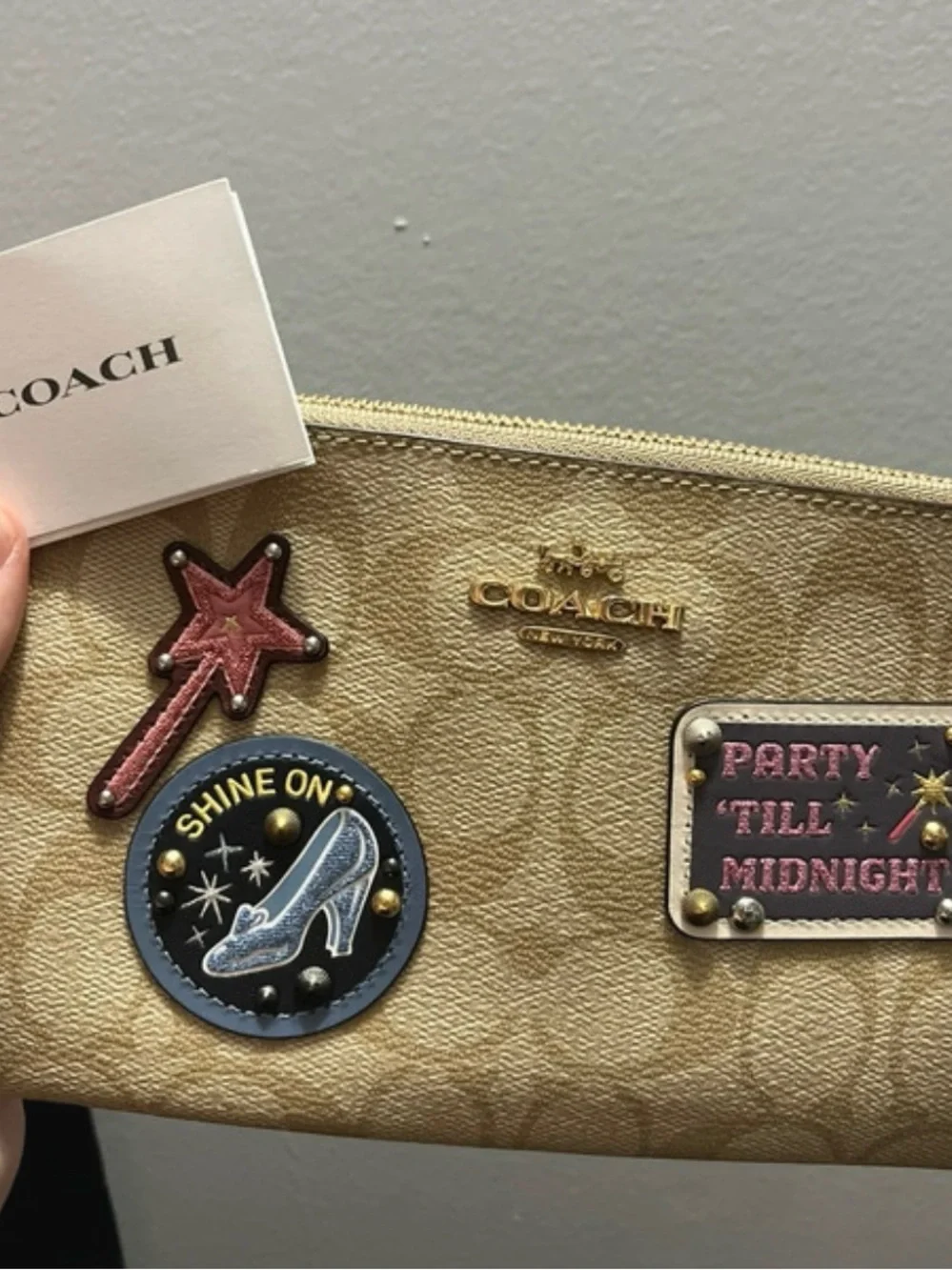 Coach Gold Metallic Wristlet with Party Till Midnight Patch